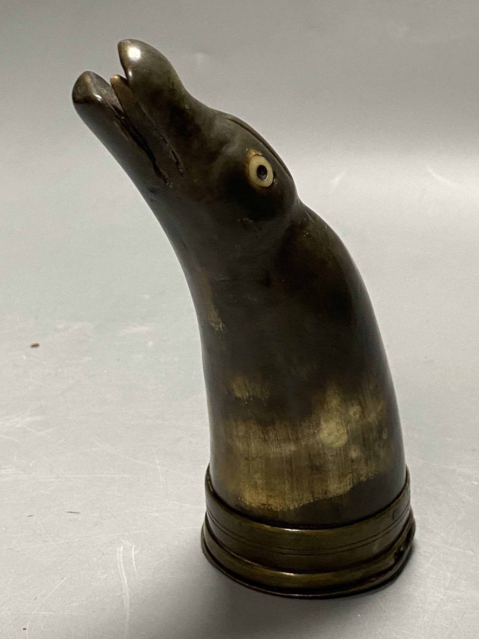 A Victorian Yorkshire horn snuff mull, the brass cover engraved THOMAS THOMPSON, STOKSLEY 1841